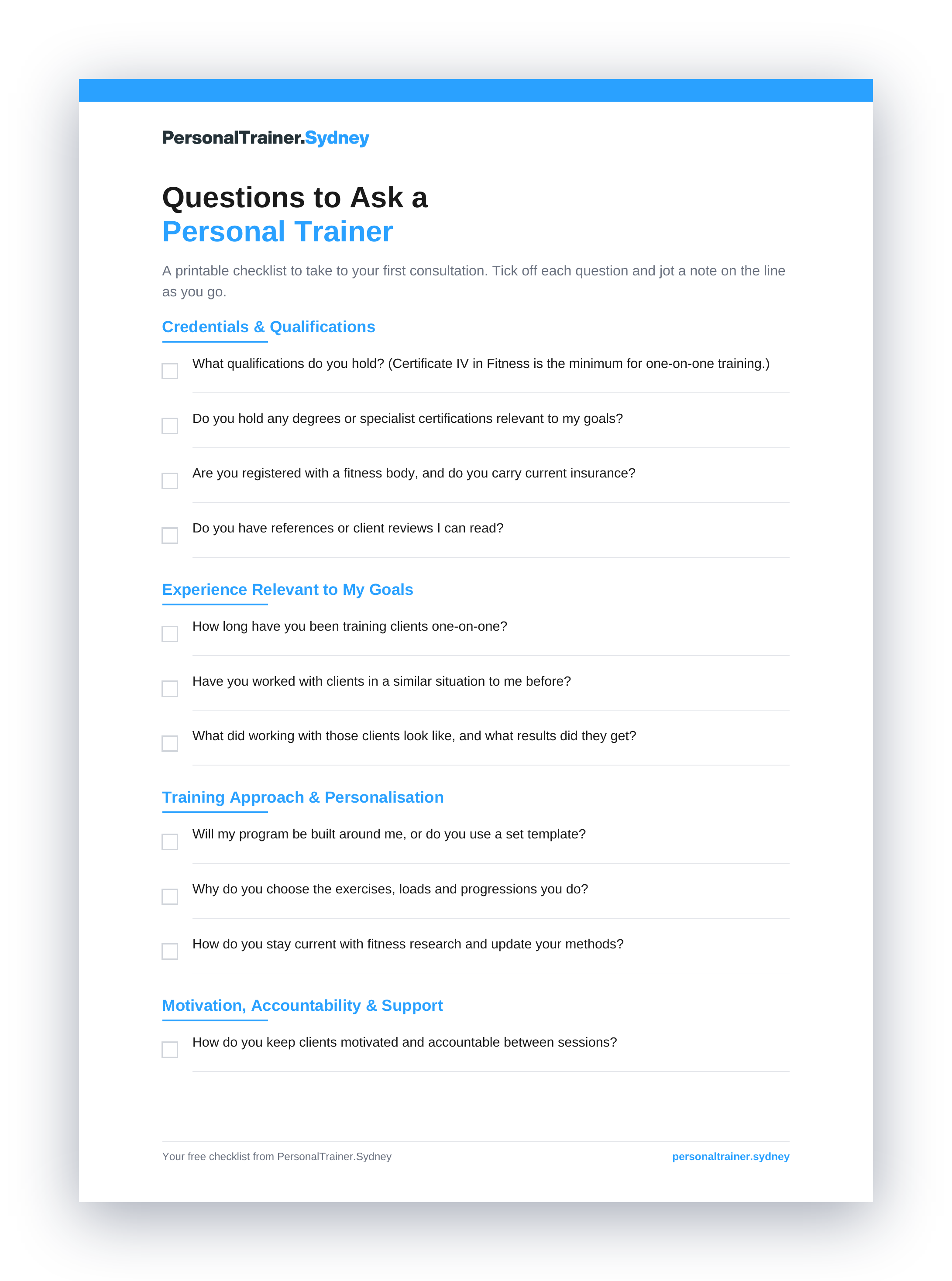 Page one of the free printable checklist of questions to ask a personal trainer before hiring one