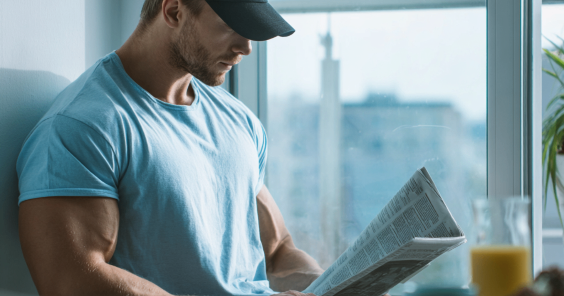 Man reading the newspaper by a window in Sydney